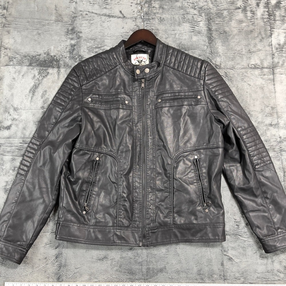American Culture Mens Black Faux Leather Sherpa Lined Moto Biker Jacket L